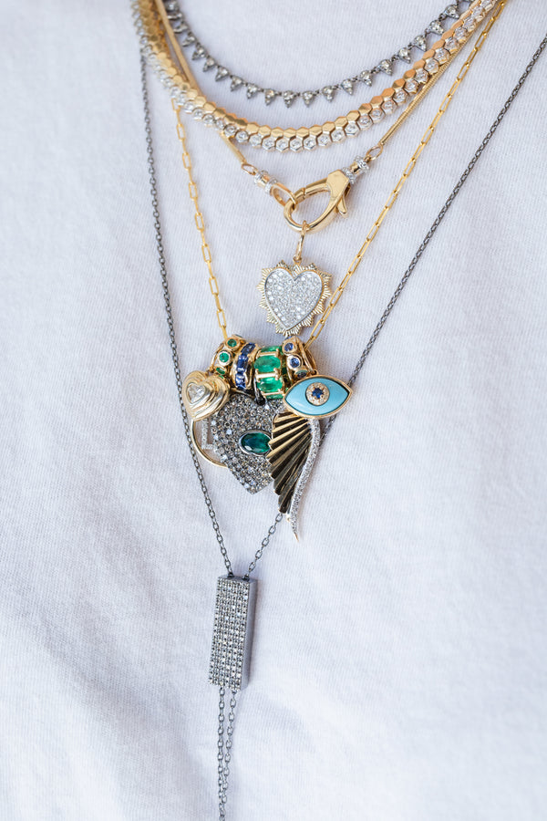 Silver Pave Diamond Heart Emerald Charm