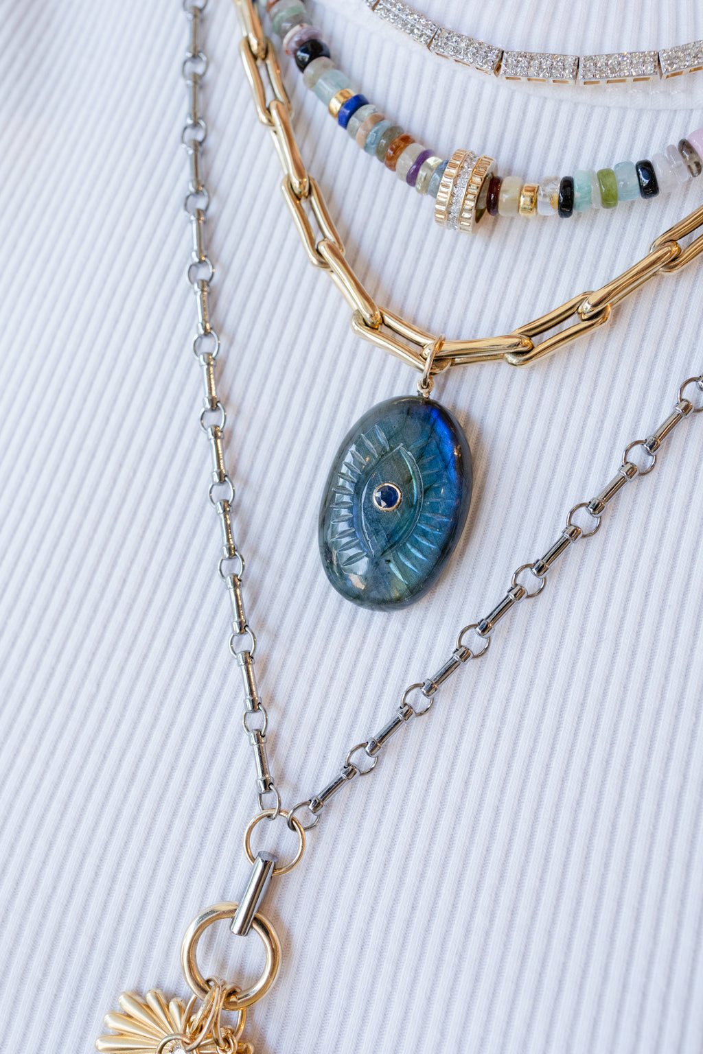 14K Gold Bezel Blue Sapphire Carved Labradorite Evil Eye Pendant