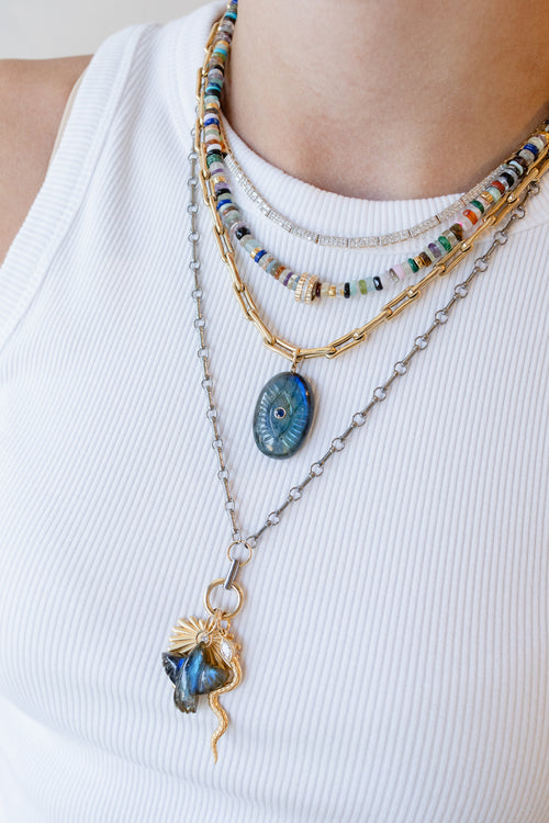 14K Gold Bezel Blue Sapphire Carved Labradorite Evil Eye Pendant