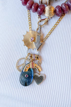 14K Gold Bezel Ruby Carved Labradorite Evil Eye Pendant
