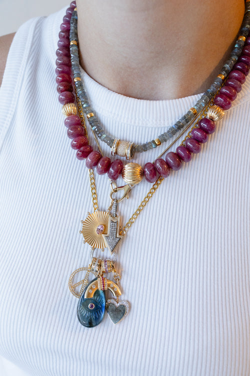 14K Gold Bezel Ruby Carved Labradorite Evil Eye Pendant
