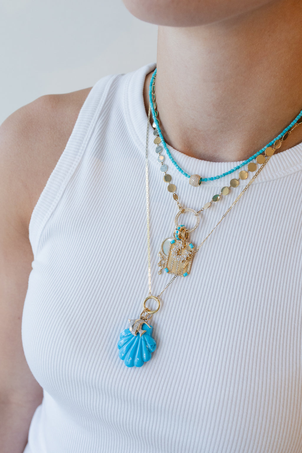 14K Gold Diamond Turquoise Carved Scallop Shell Pendant