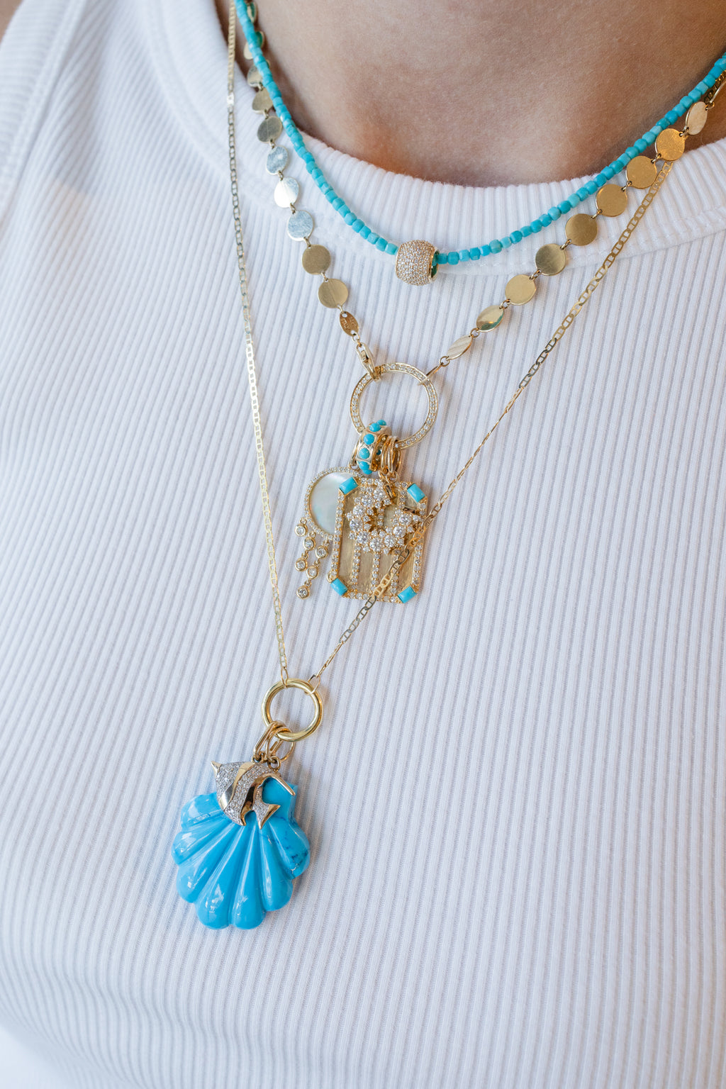 14K Gold Diamond Turquoise Carved Scallop Shell Pendant
