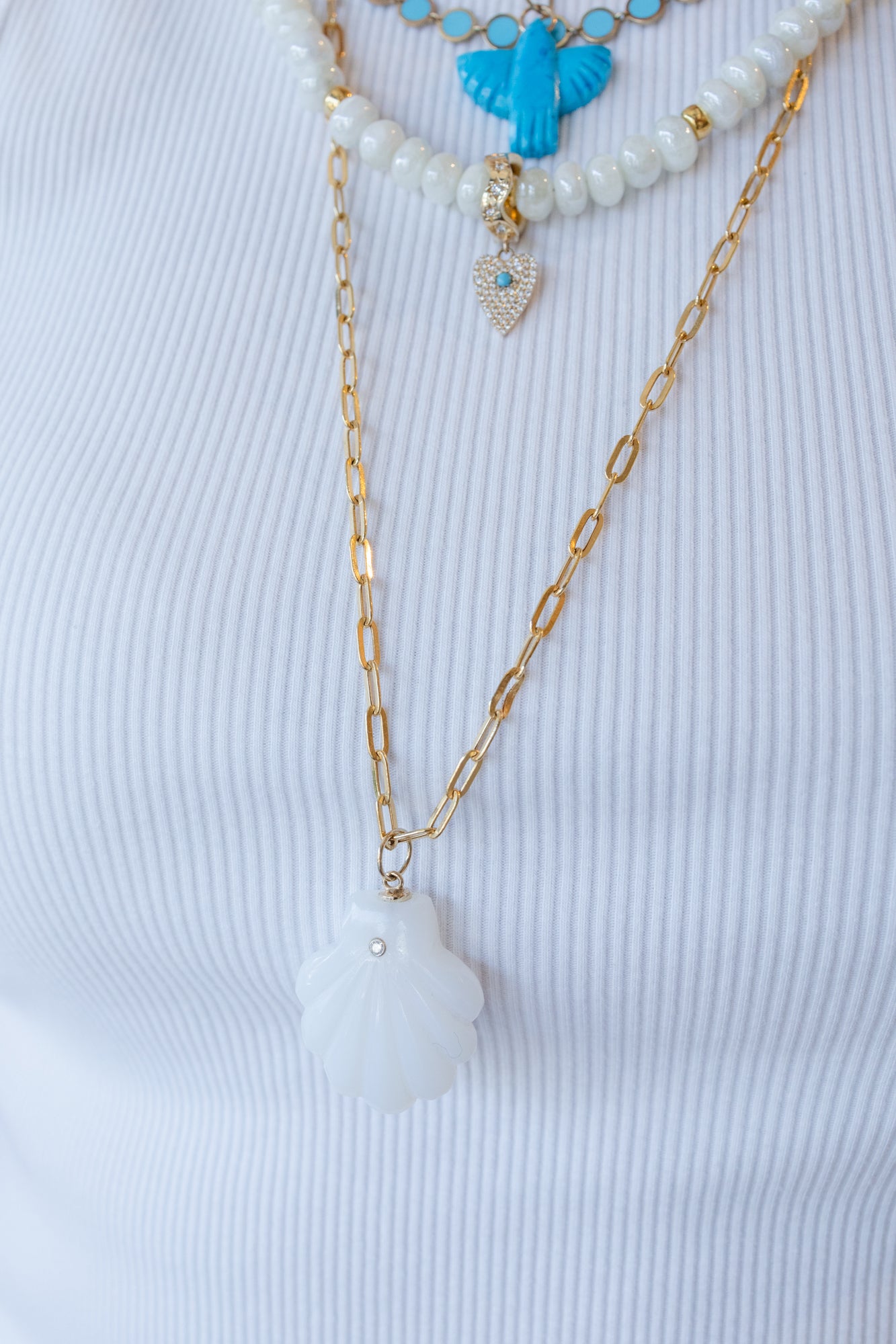 14K Gold Diamond White Opal Carved Scallop Shell Pendant