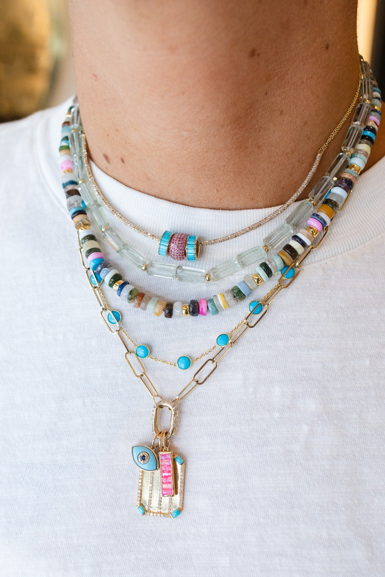 6-7mm Heishi Pink Multi Agate Rondelle Necklace