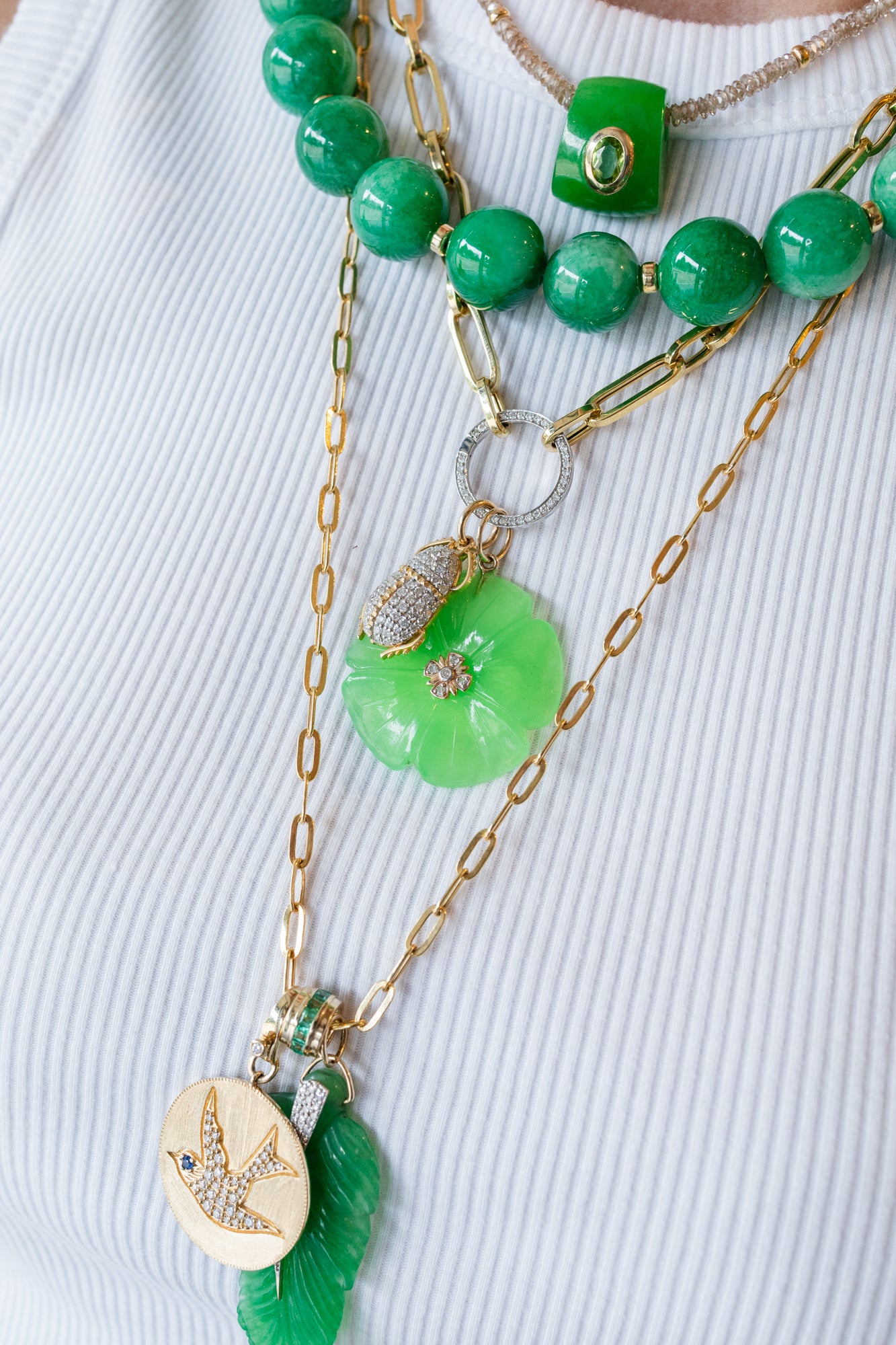 14K Gold Chrysoprase Diamond Flower Charm