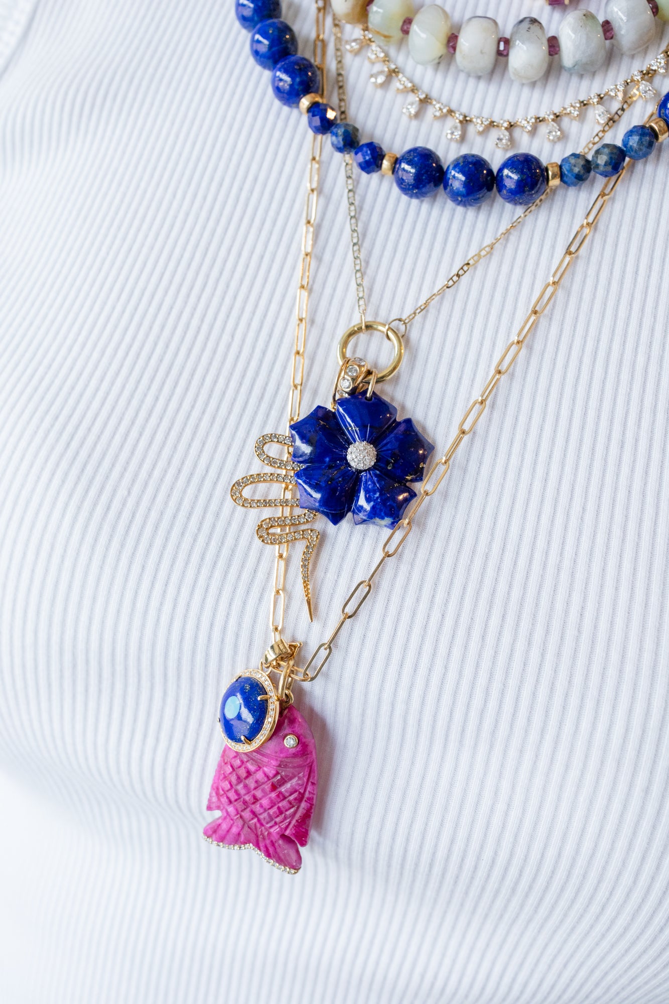 14K Gold 5 Petal Lapis Diamond Flower Charm