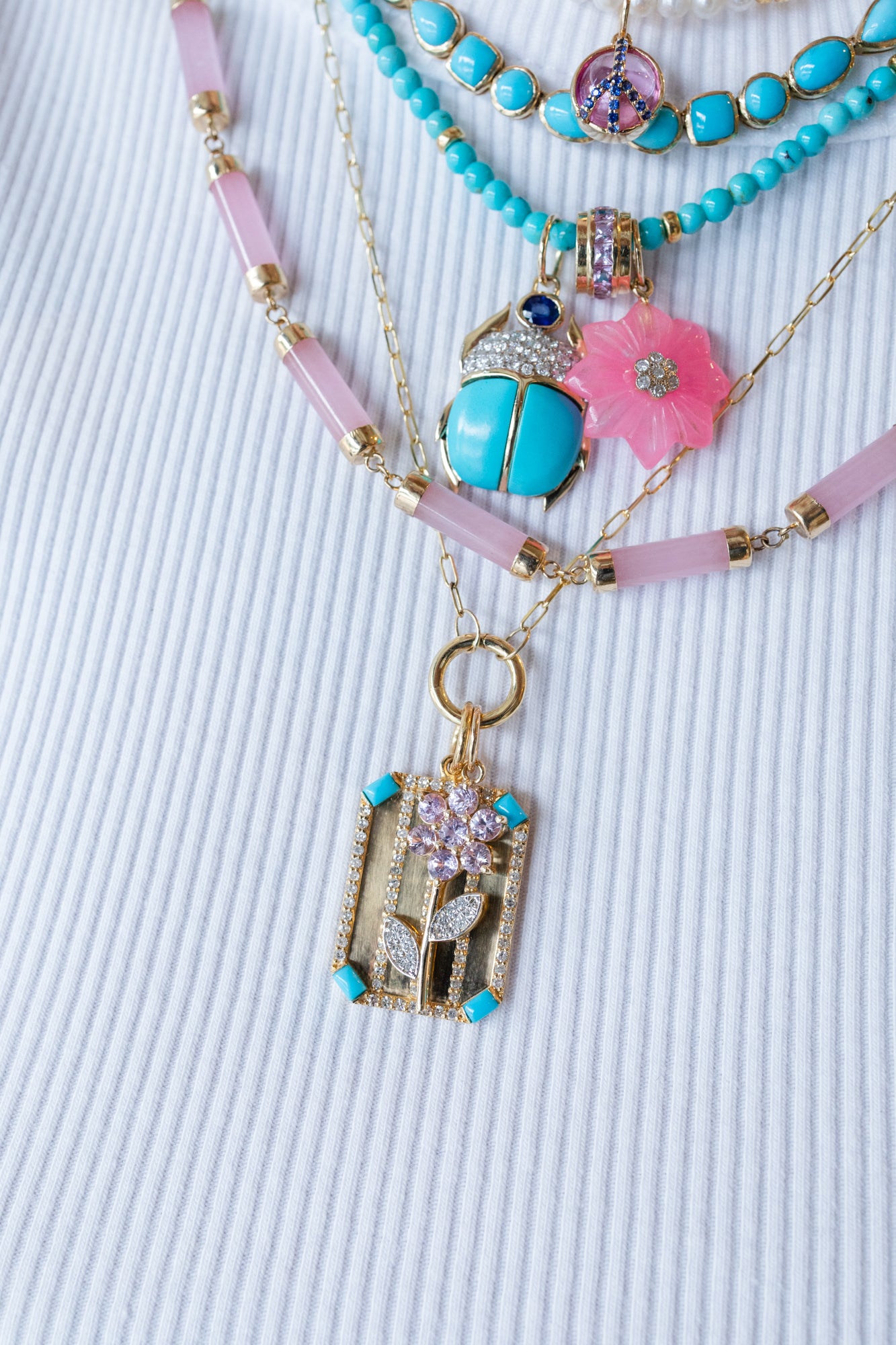Small 14K Gold Pink Opal Diamond Flower Charm