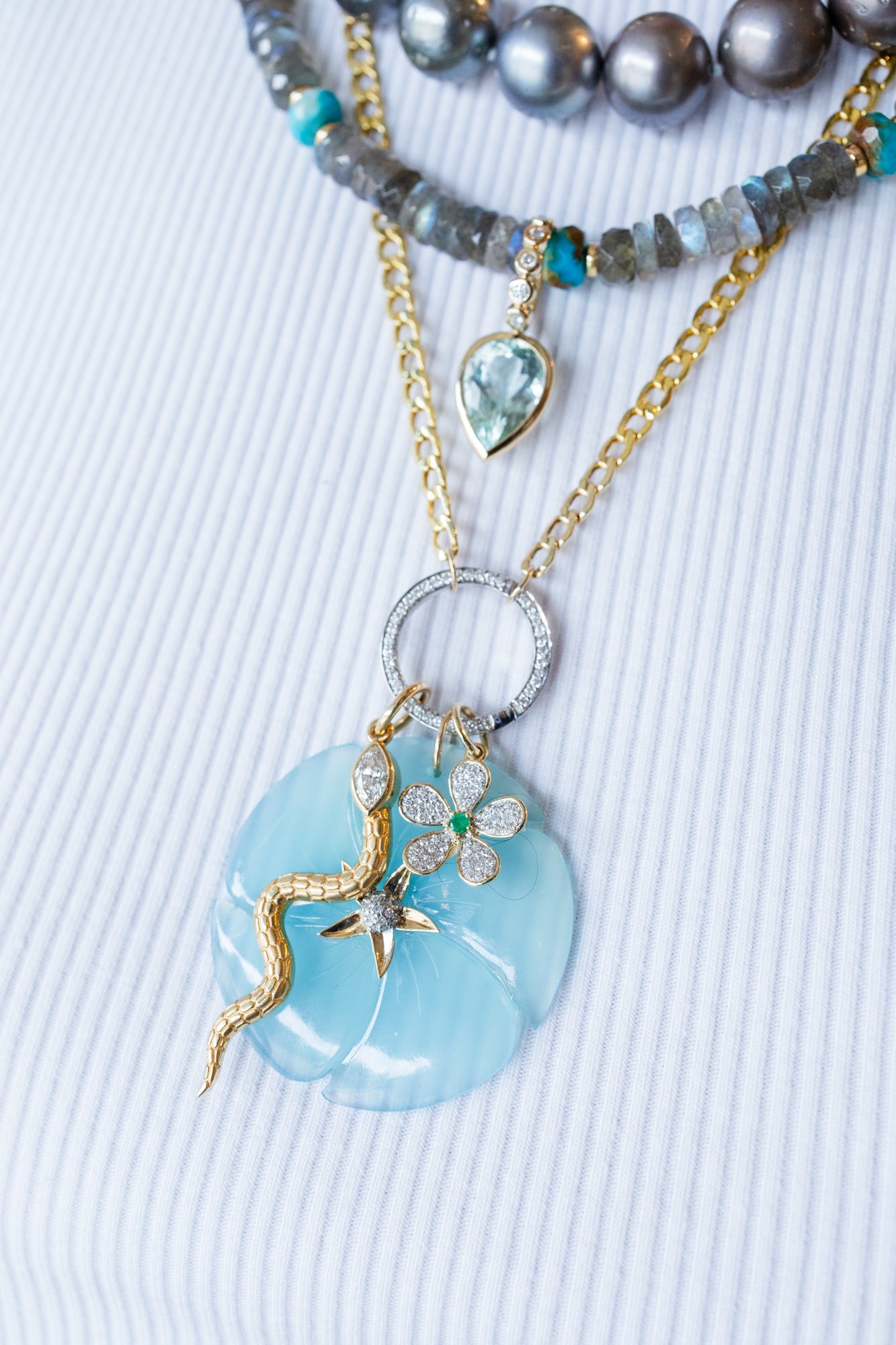 14K Gold Blue Chalcedony Diamond Flower Charm
