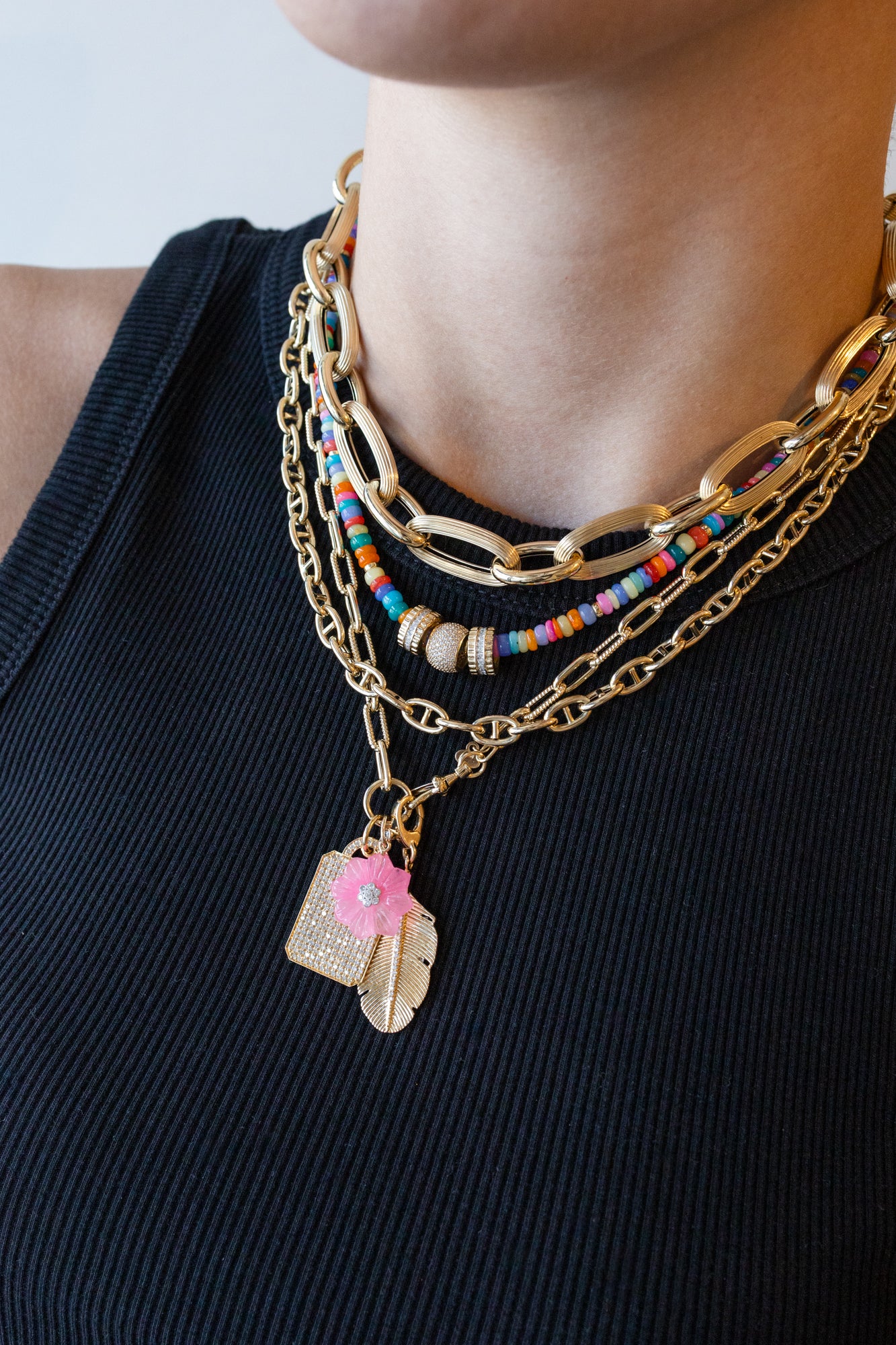 14K Gold Textured Link Double Lock Necklace