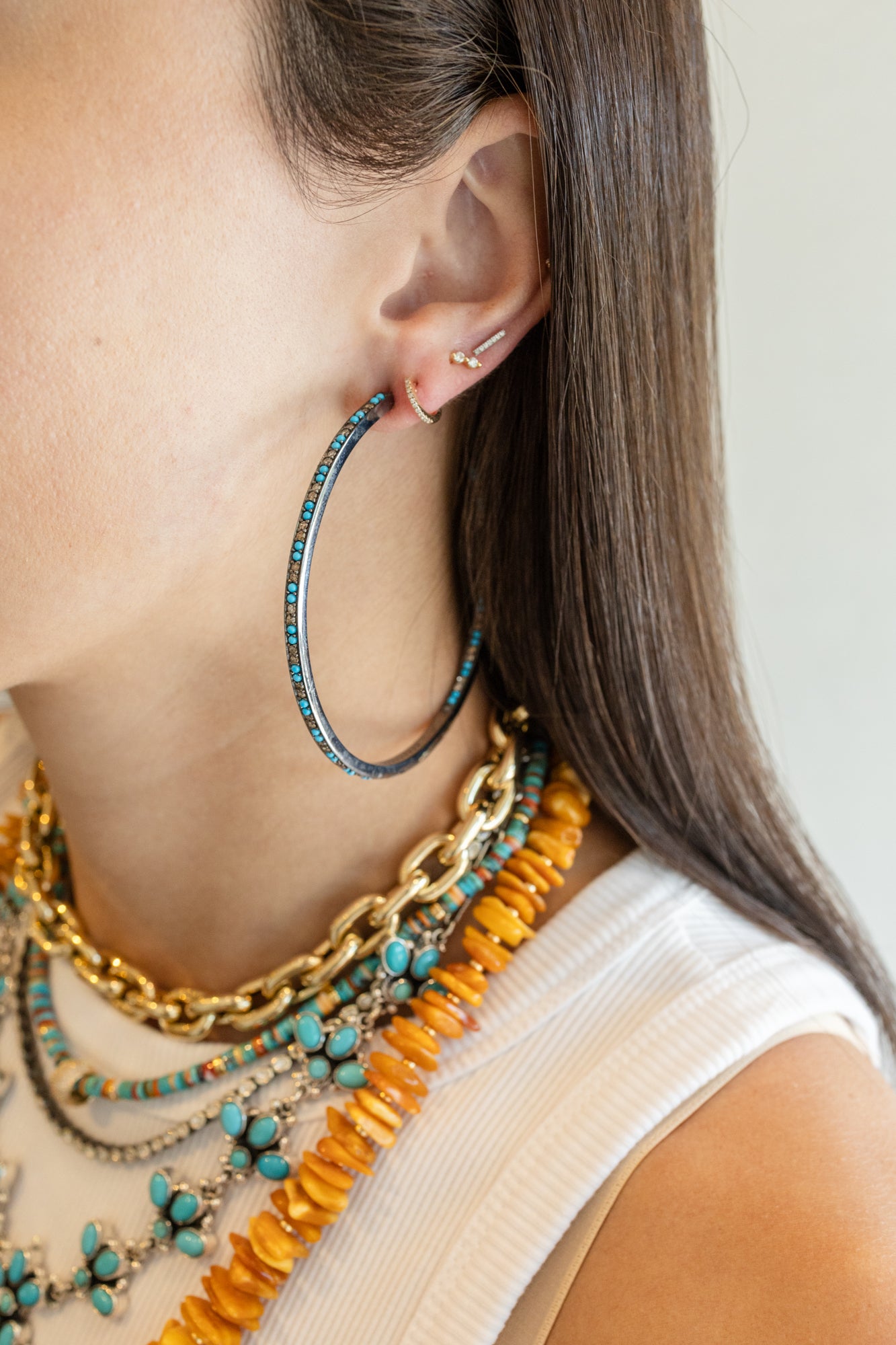 Silver Diamond Turquoise Inside Out Hoop
