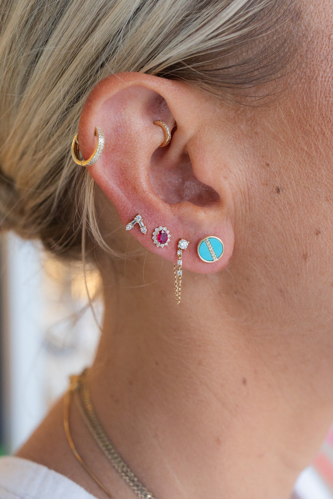 Mini 14K Gold Oval Ruby Diamond Flower Studs