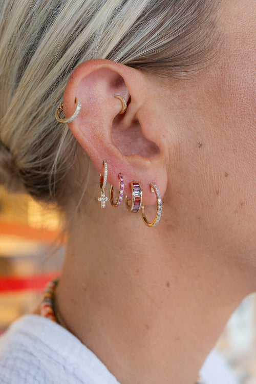 14K Gold 15mm Alternating Diamond Ruby Huggies