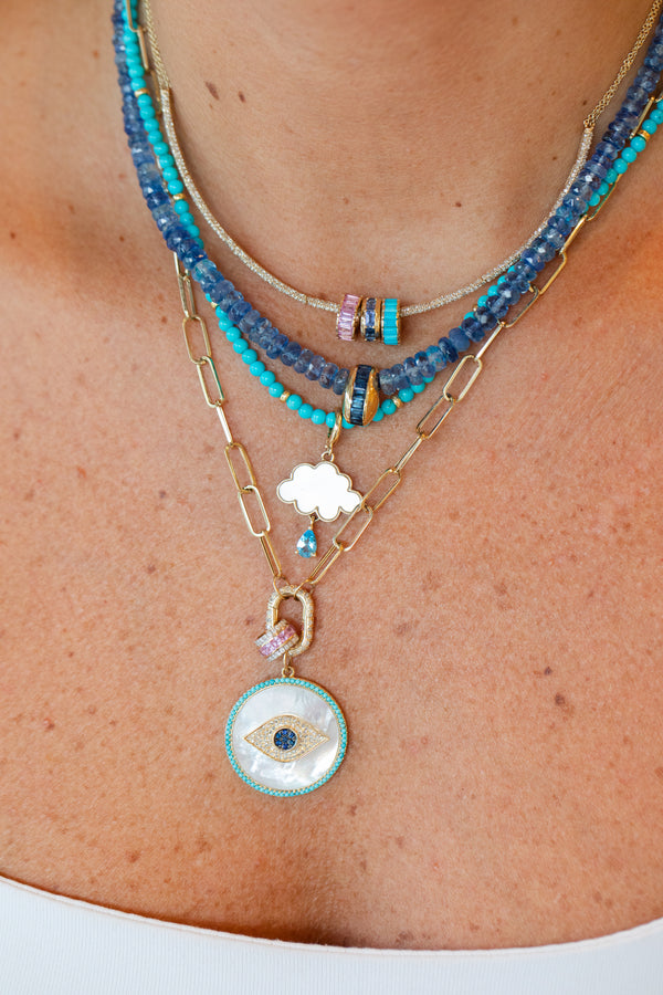 14K Gold Mother of Pearl Turquoise Framed Evil Eye Charm