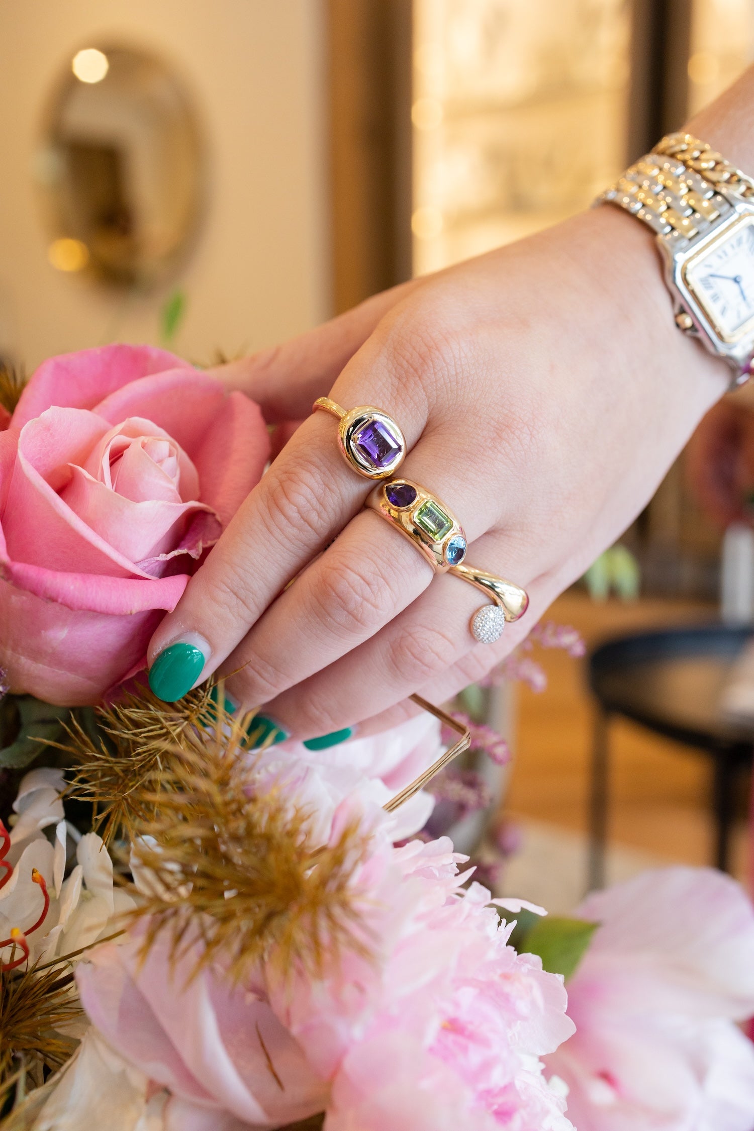 14K Gold Peridot Amethyst Topaz Dome Ring