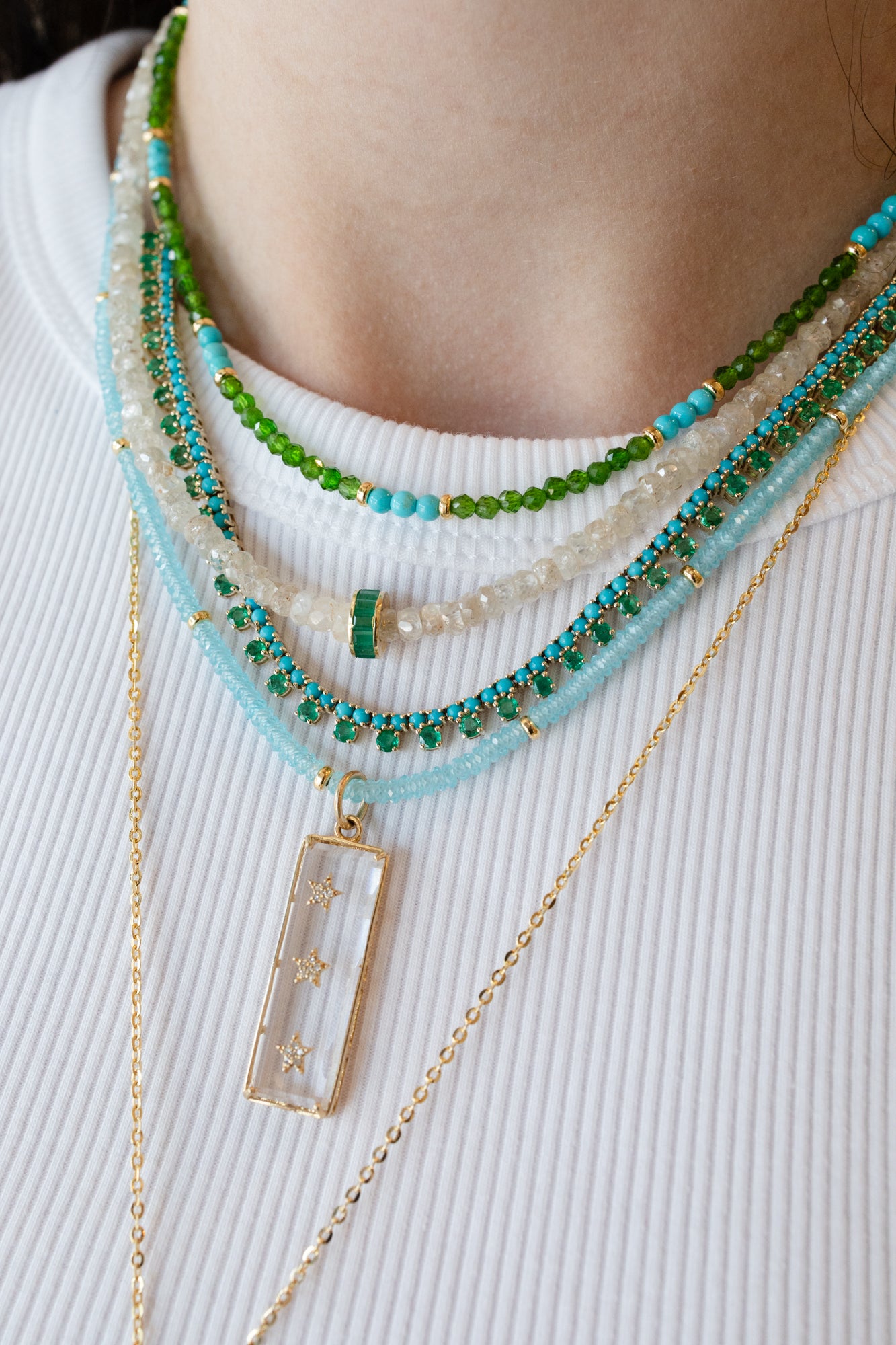 14K Gold Emerald Spacer White Zircon Necklace