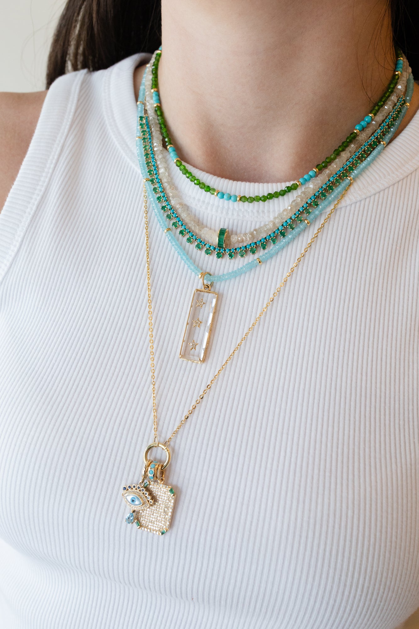 14K Gold Emerald Spacer White Zircon Necklace