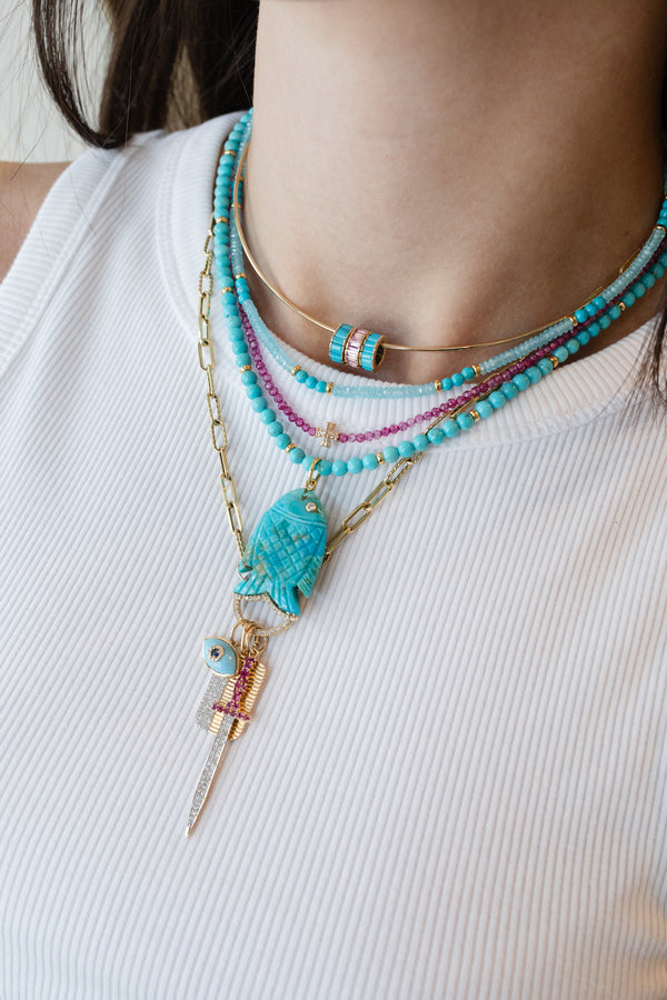 3mm Sky Blue Zircon & Turquoise Rondelle Necklace
