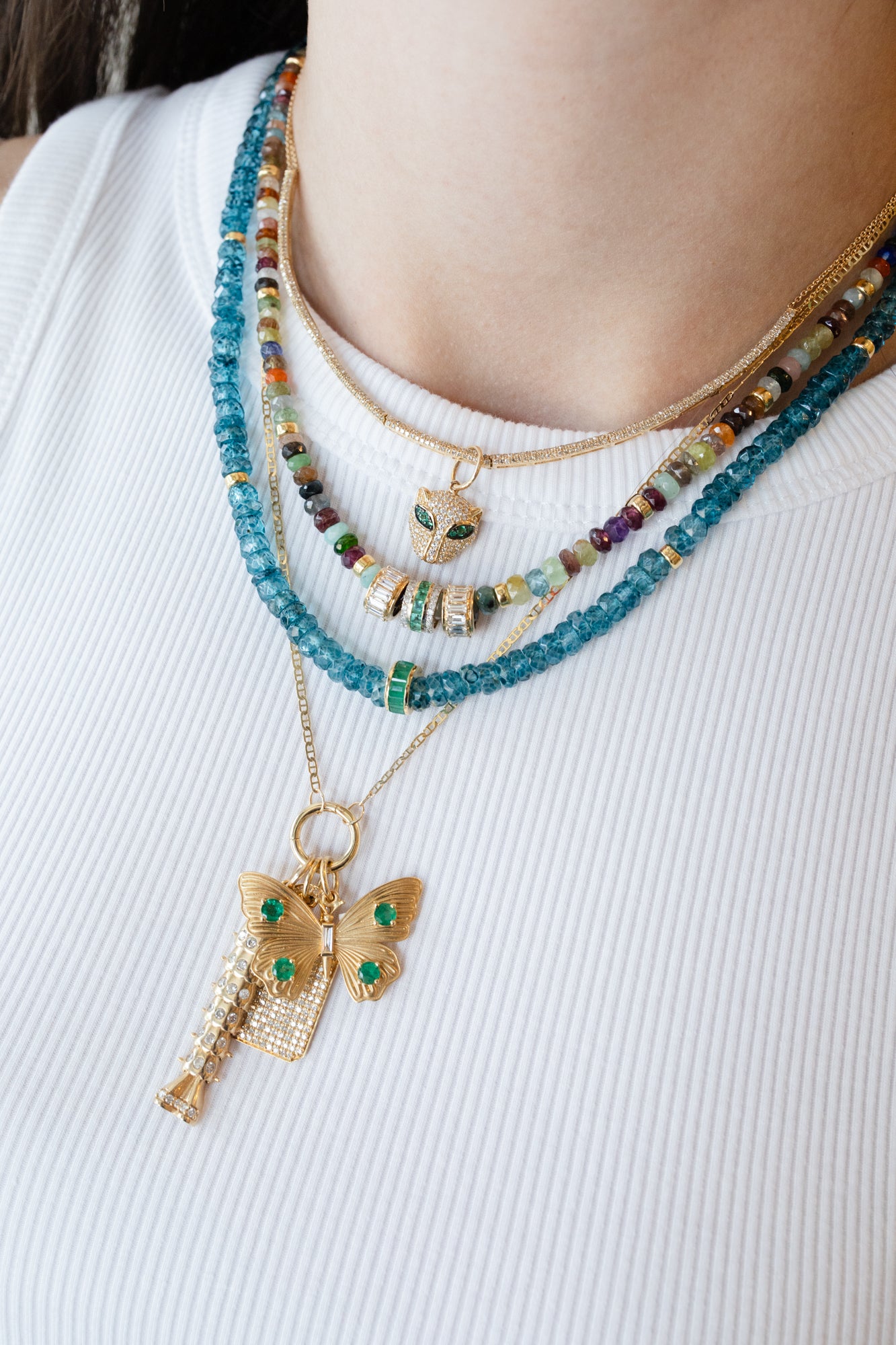14K Gold Emerald Spacer London Blue Topaz Necklace
