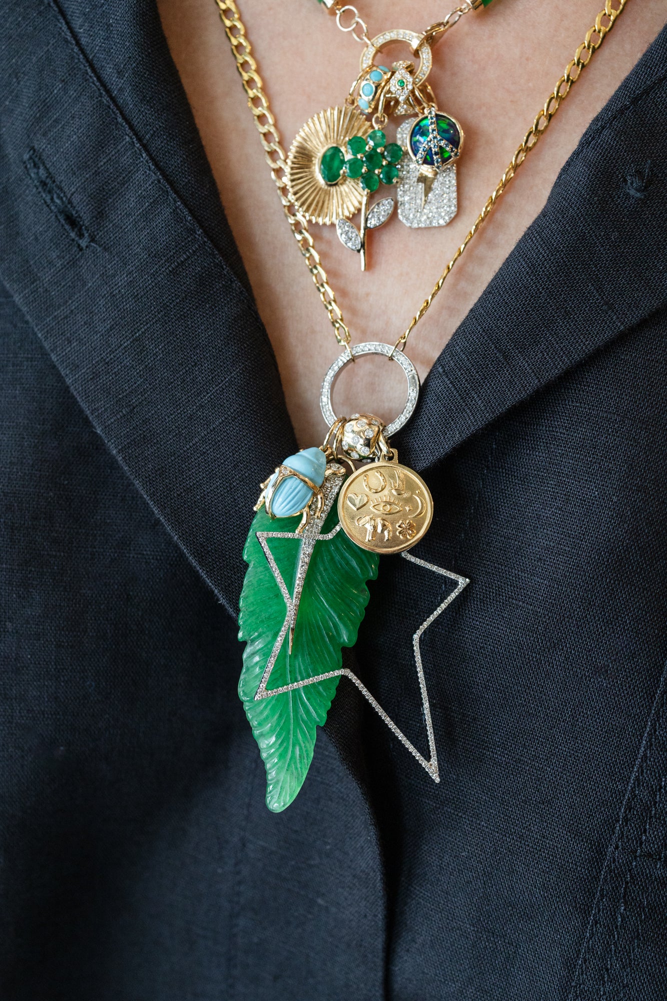 14K Gold Diamond Craved Green Onyx Leaf Charm – J. Landa