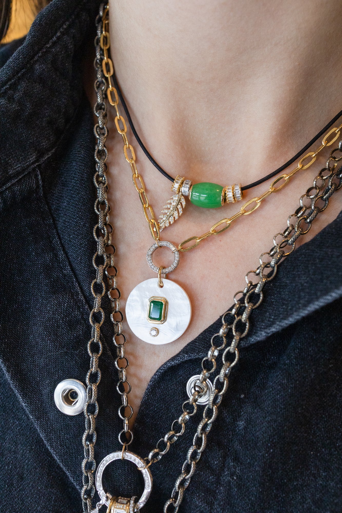 14K Gold Mother of Pearl Emerald Disk Pendant