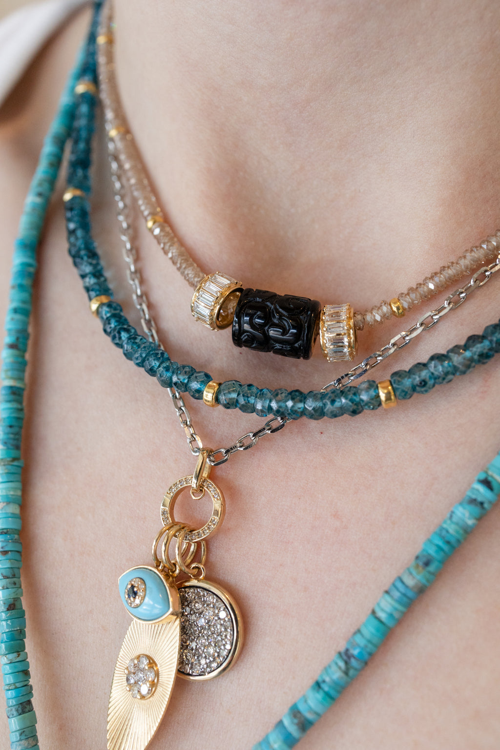 14K Gold Carved Black Onyx Tube Spacer