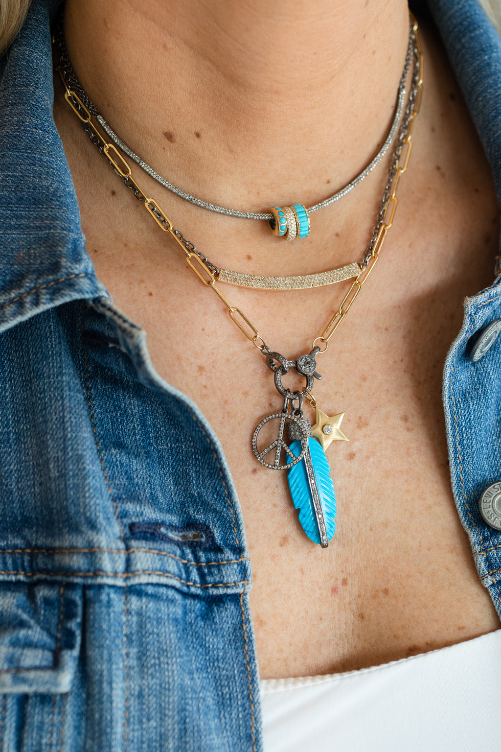 Silver Diamond Carved Turquoise Feather Charm