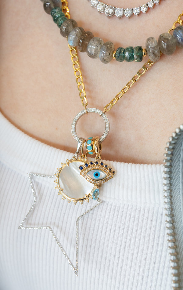 14K Gold Blue Sapphire Evil Eye Drop Pendant