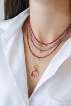 14K Gold Pear Diamond Rusty Brown Sapphire Beaded Necklace