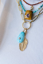 14K Gold Floral Carved Oval Turquoise Diamond Pendant