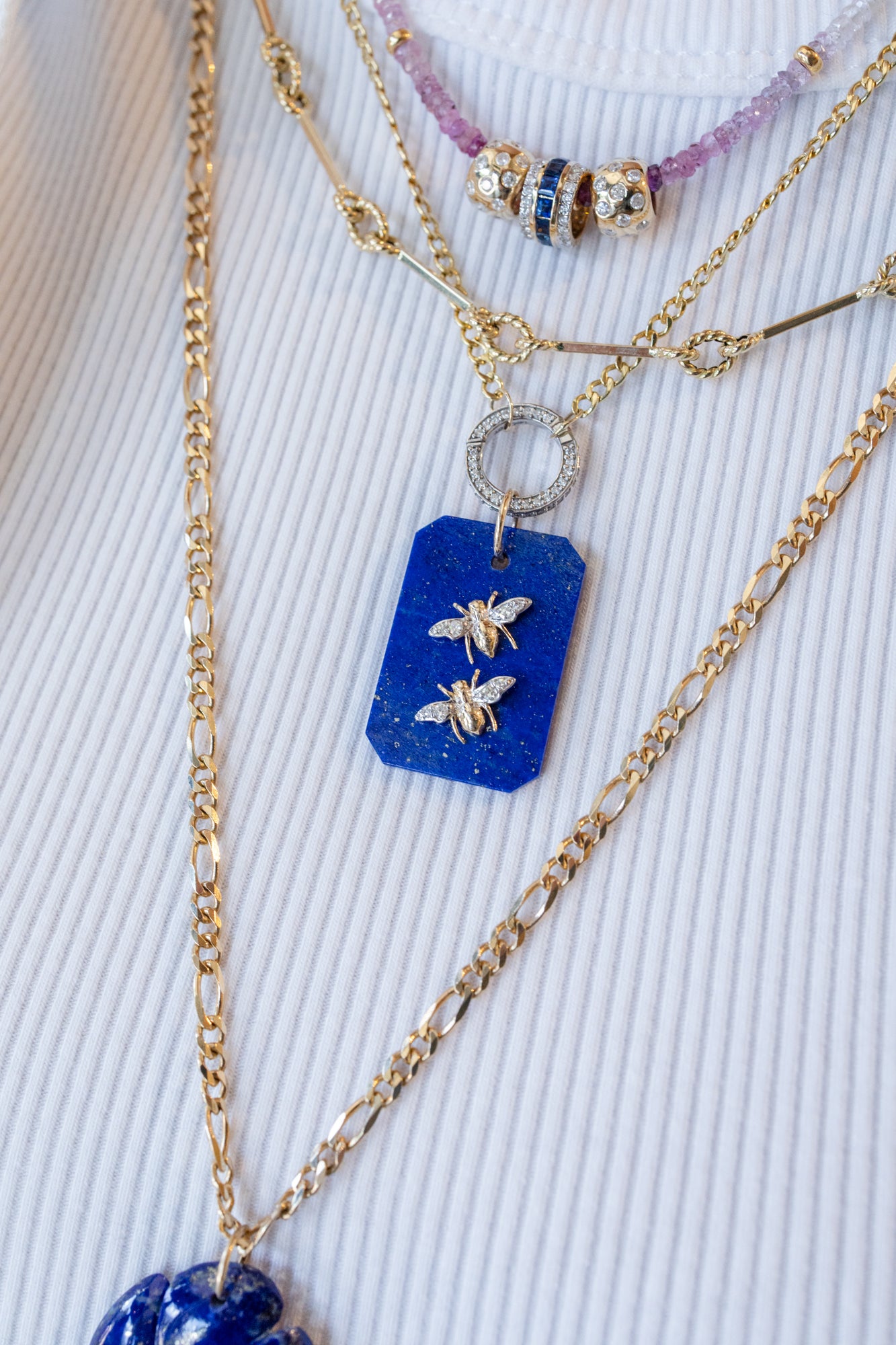 14K Gold Rectangle Lapis Double Bee Charm