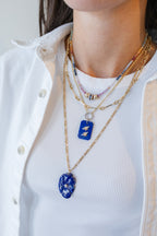 14K Gold Rectangle Lapis Double Bee Charm