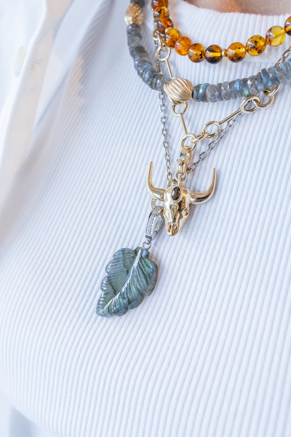 Silver Diamond Carved Labradorite Leaf Charm