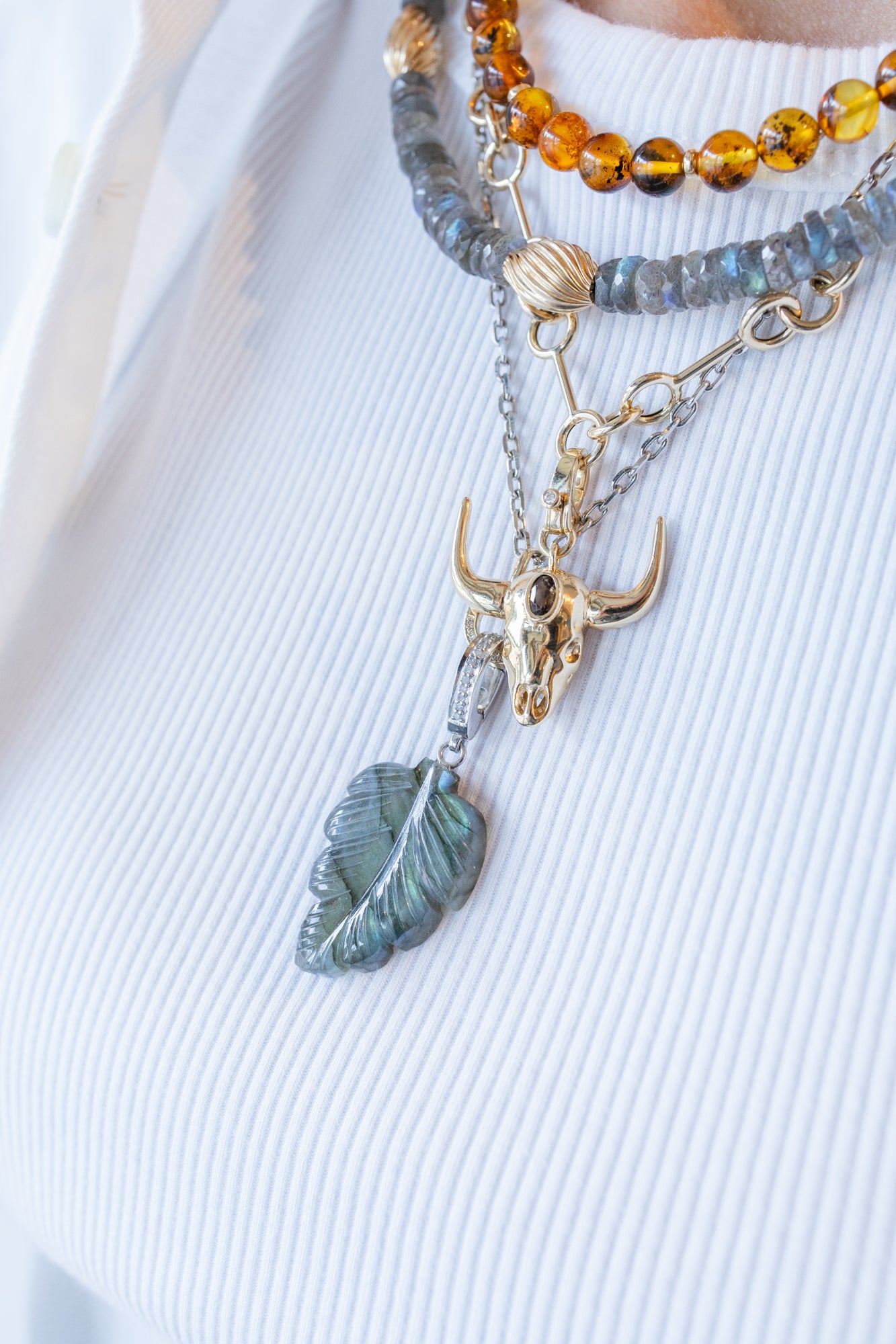 Silver Diamond Carved Labradorite Leaf Charm