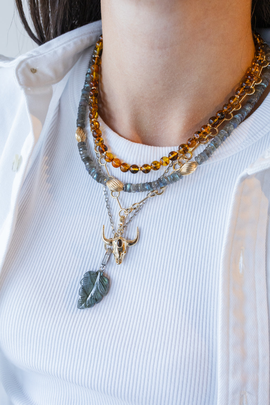 Silver Diamond Carved Labradorite Leaf Charm