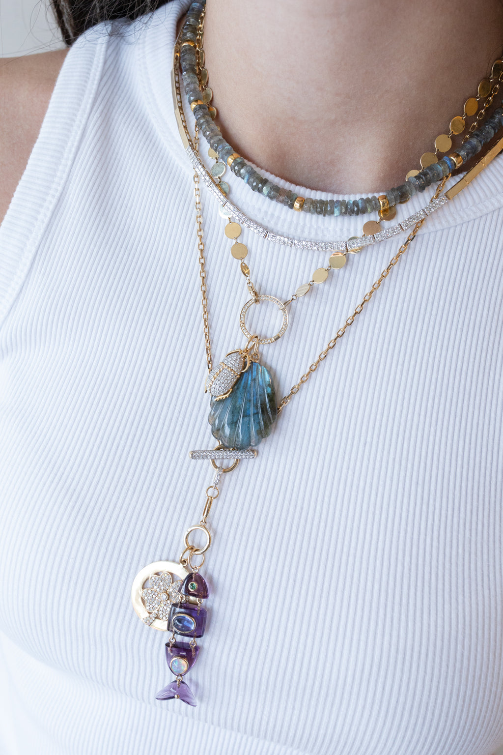 14K Gold Carved Labradorite Shell Charm