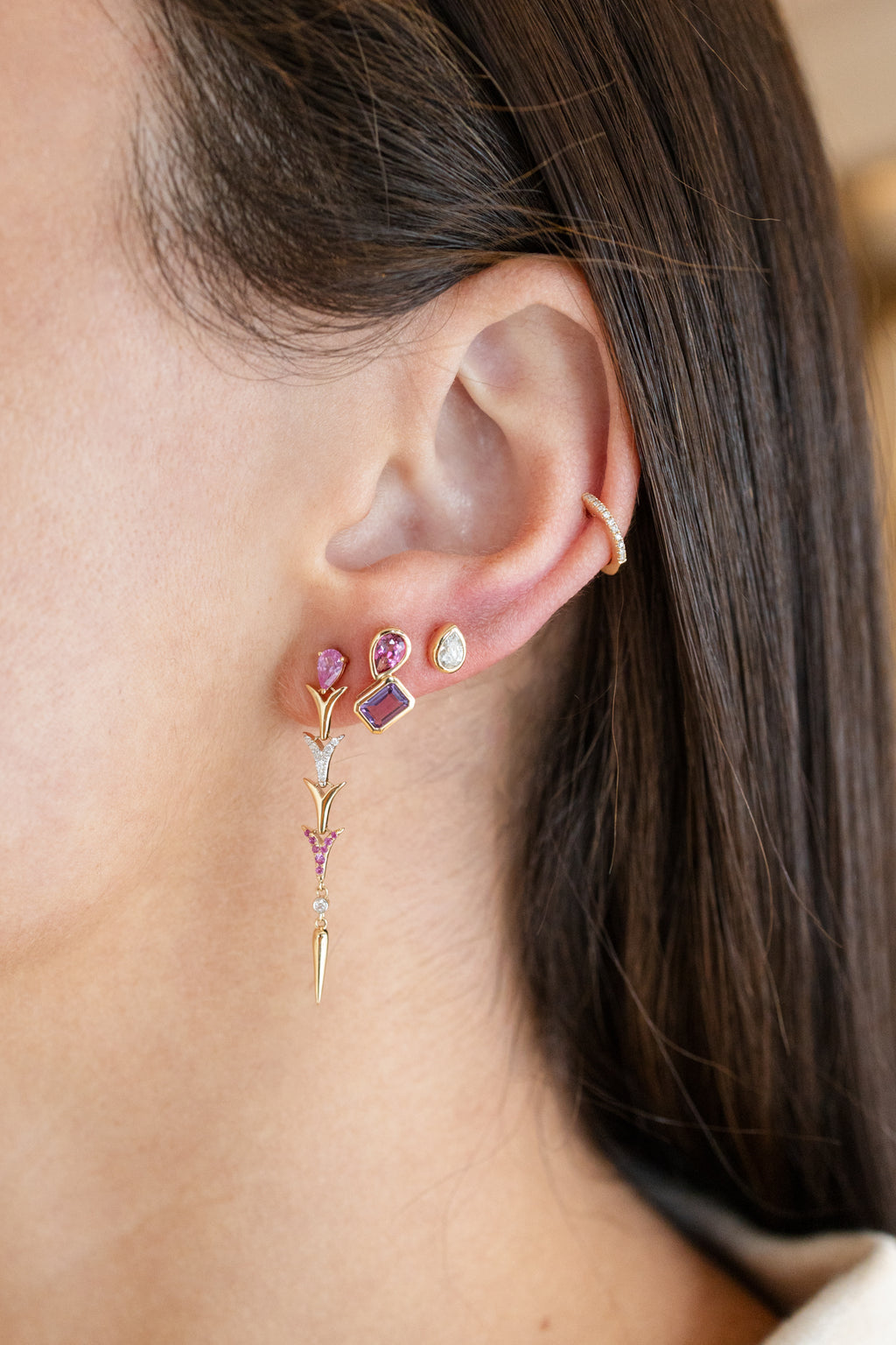 14K Gold Pink Sapphire & Diamond Dangle Duster Earrings