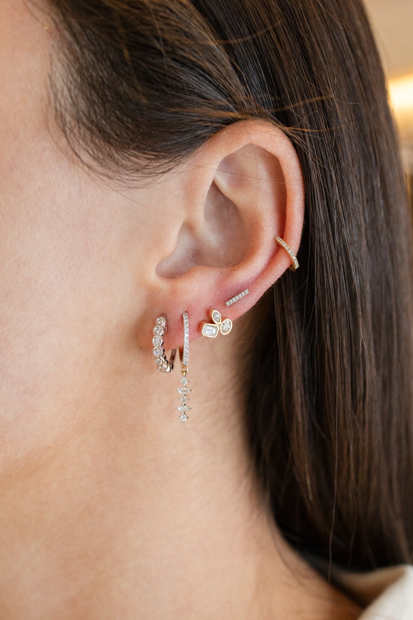 14mm 14K Gold 5 Mix Shape Diamond Dangle Huggies