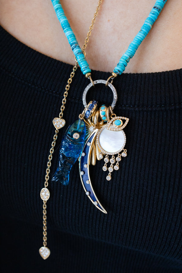 14K Gold Carved Blue Topaz Diamond Fish Charm