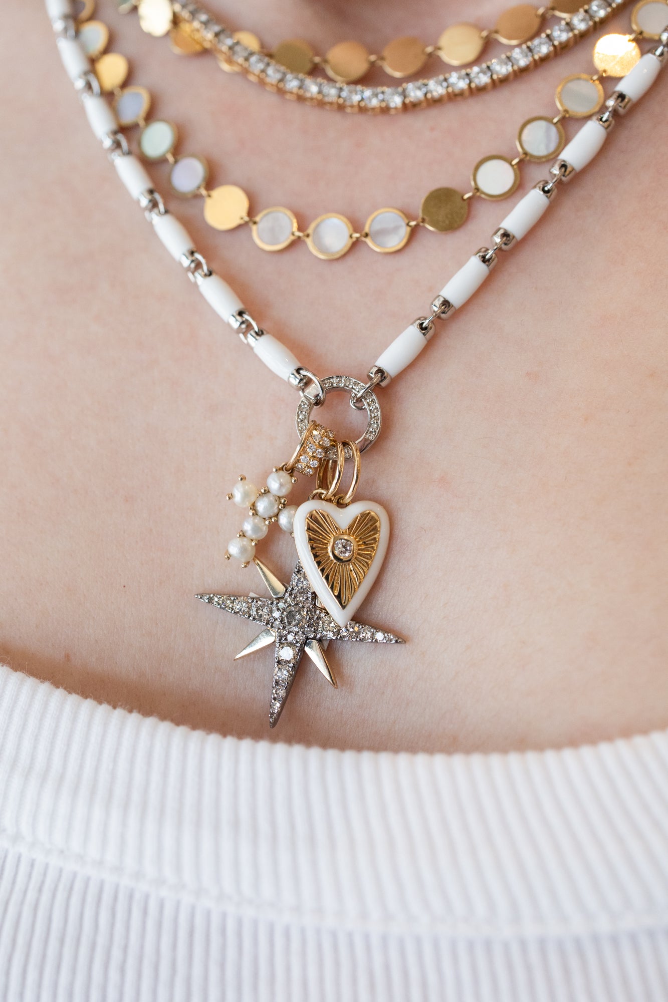 14K Gold Mini Pearl Cross Charm