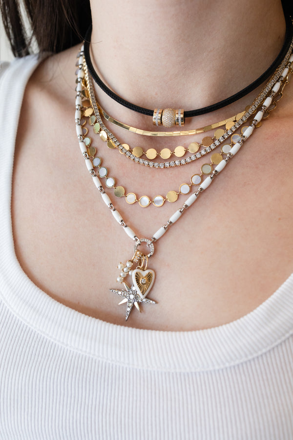 Silver Diamond White Enamel Lock Necklace