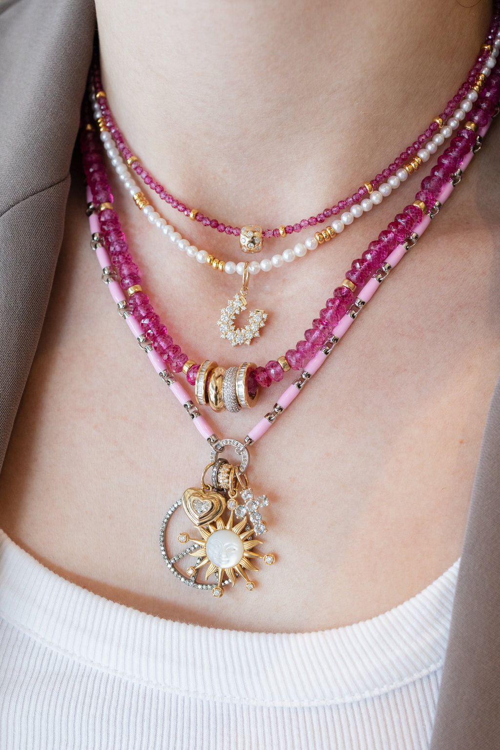 Silver Diamond Light Pink Enamel Lock Necklace