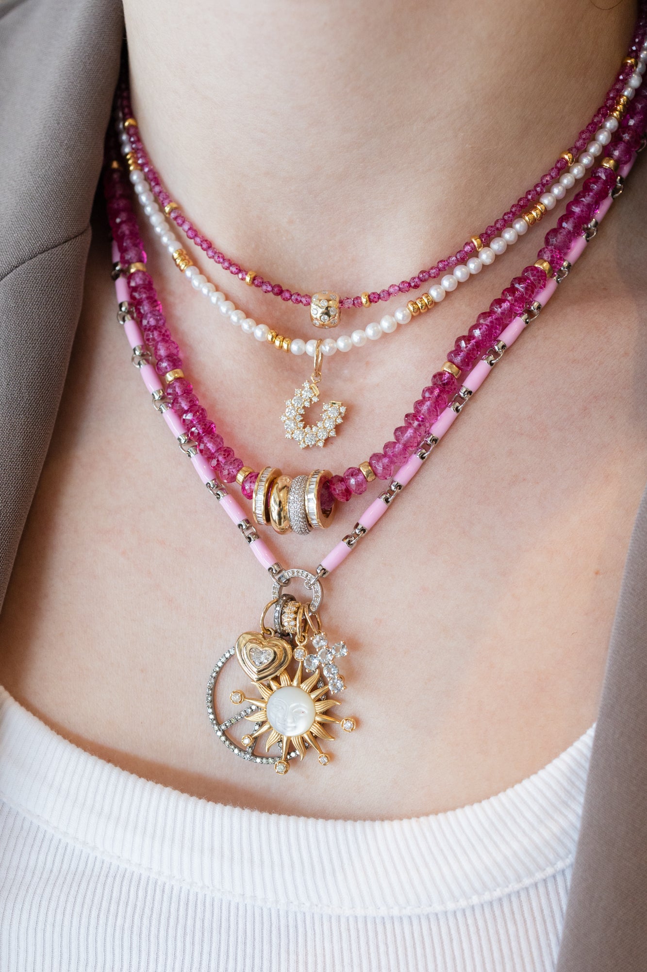 Silver Diamond Light Pink Enamel Lock Necklace