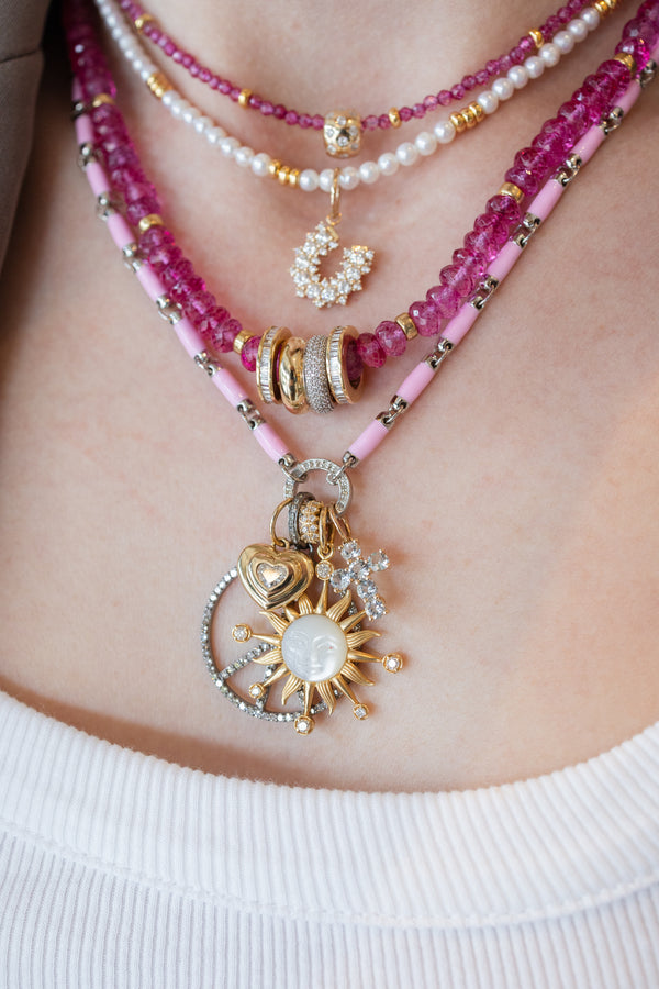 Silver Diamond Light Pink Enamel Lock Necklace