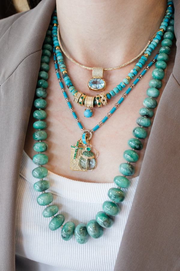 14K Gold Thick Ridged Diamond Turquoise Charm Spacer