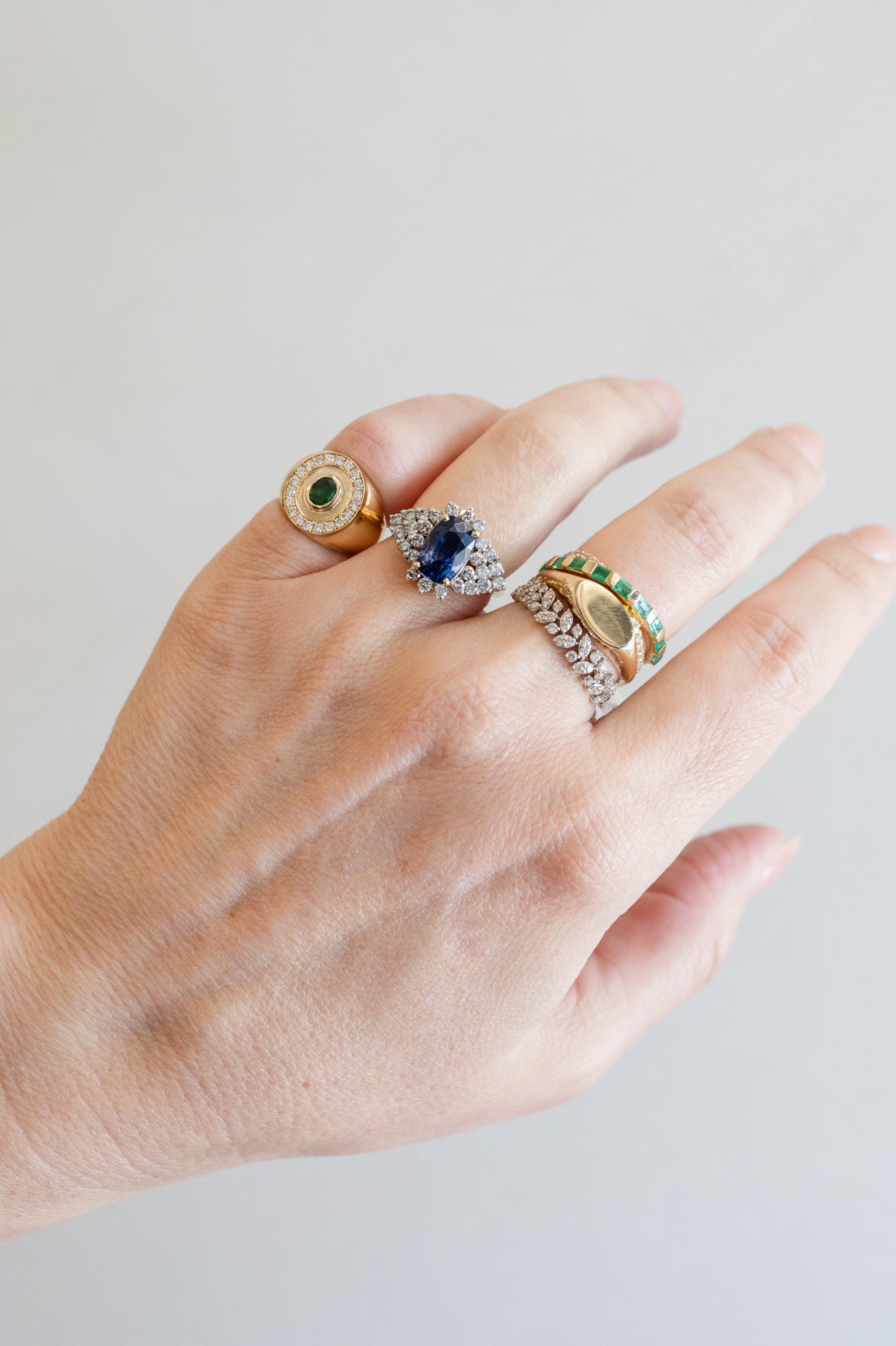 Chunky 14K Gold Oval Emerald & Diamond Framed Signet Ring