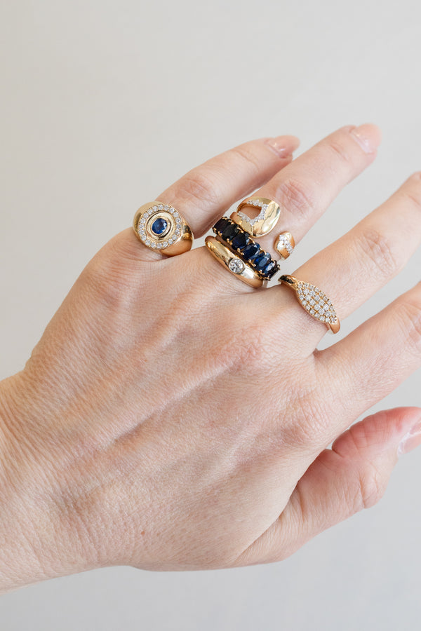 Chunky 14K Gold Oval Sapphire & Diamond Framed Signet Ring