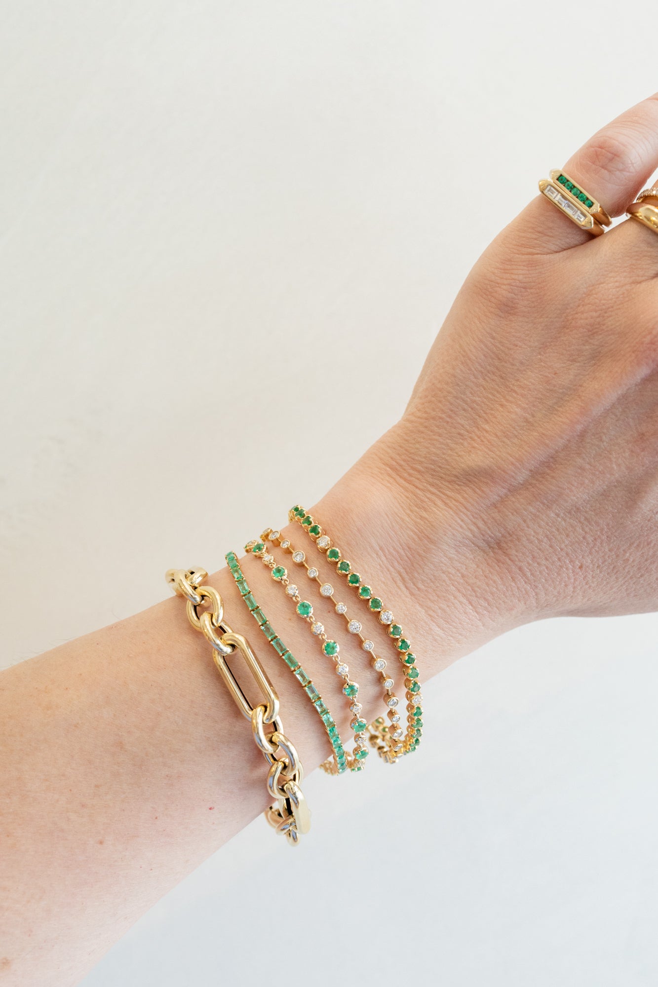 14K Gold 5 Emerald + Diamond Tennis Bracelet