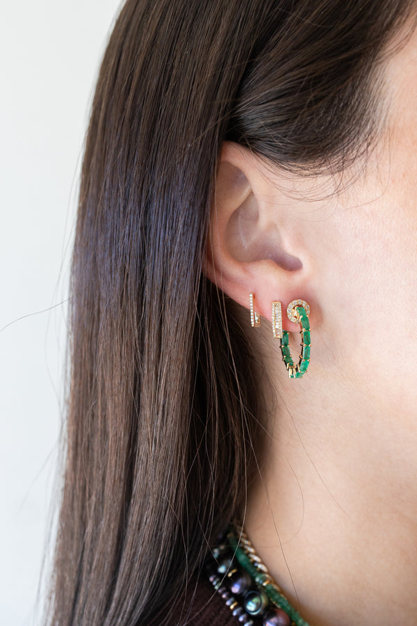7/8" 14K Gold 2.89ct Baguette Emerald .24ct Diamond Circle Hoops
