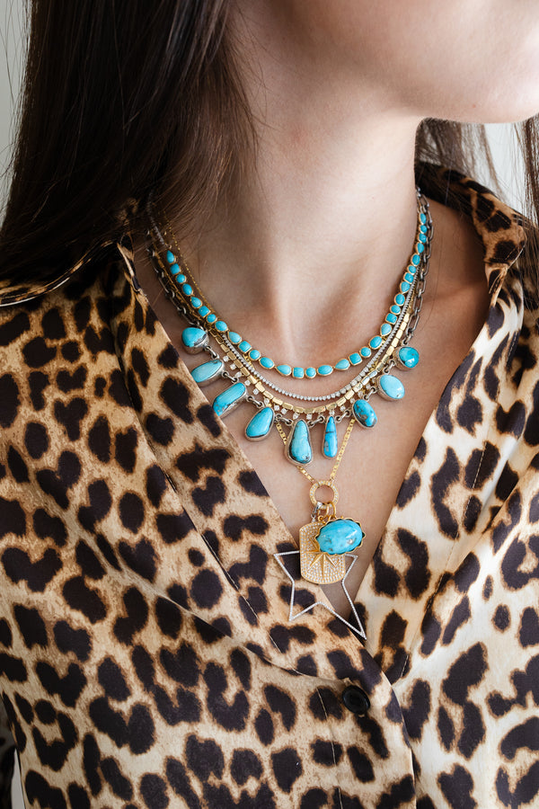 14K Gold Mix Shape Turquoise Paper Clip Tennis Necklace